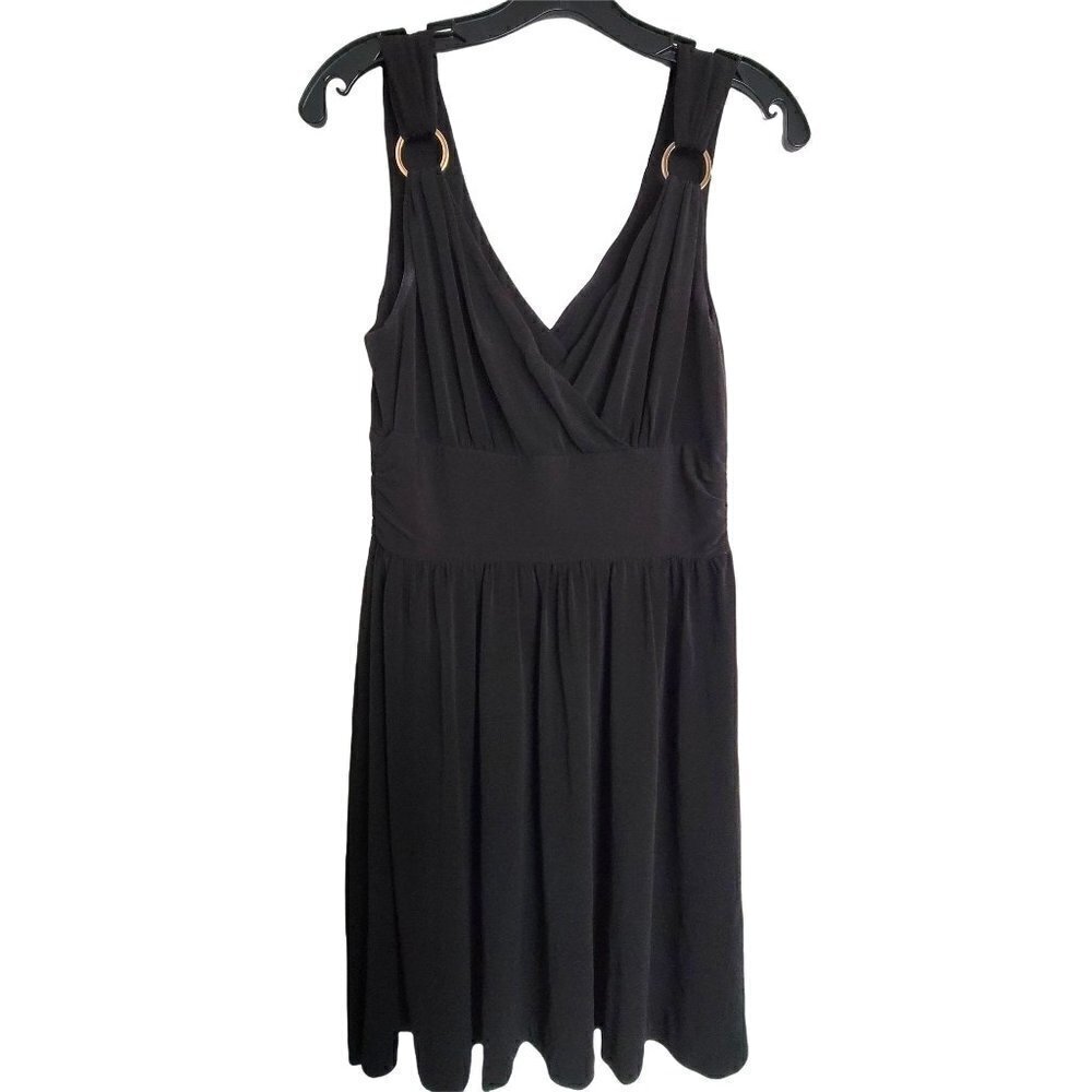 White House Black Market Sleeveless Gold Accent V Neck Swing Dress Black Size 6